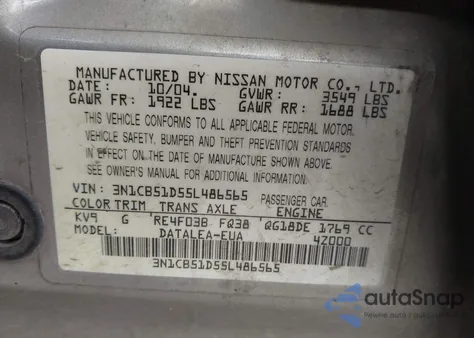 2005 Nissan Sentra 1.8S from USA, damaged, VIN 3N1CB51D55L486565